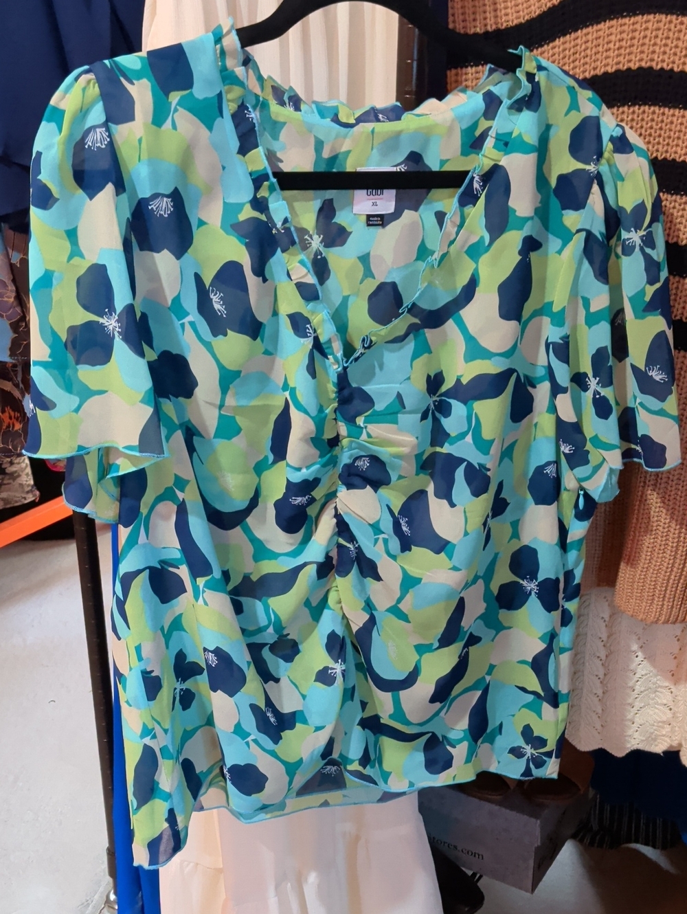 CAbi Turquoise Navy Green Floral Ruched V-Neck Blouse